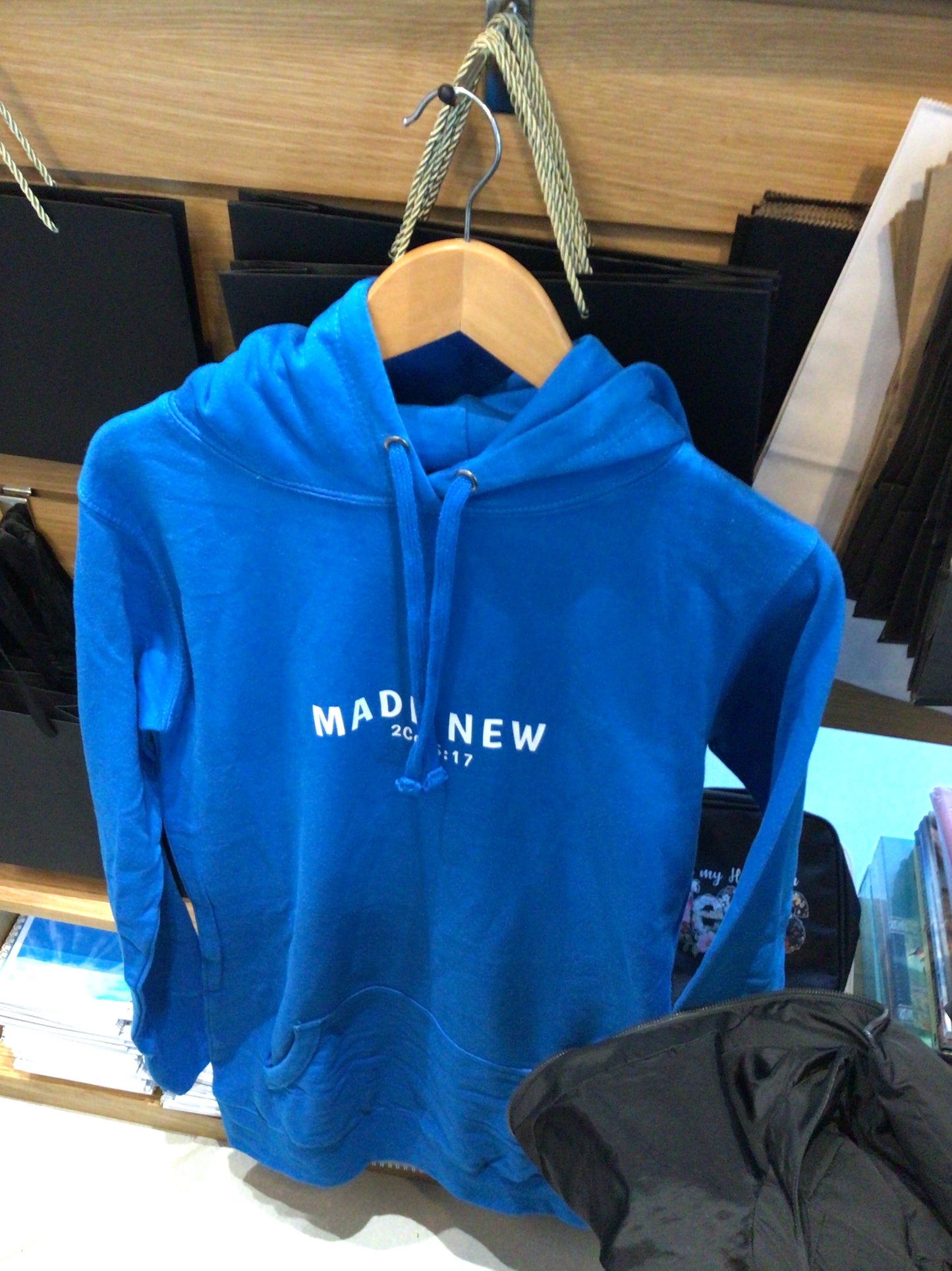 Blue ladies long hoodie “ Made new”