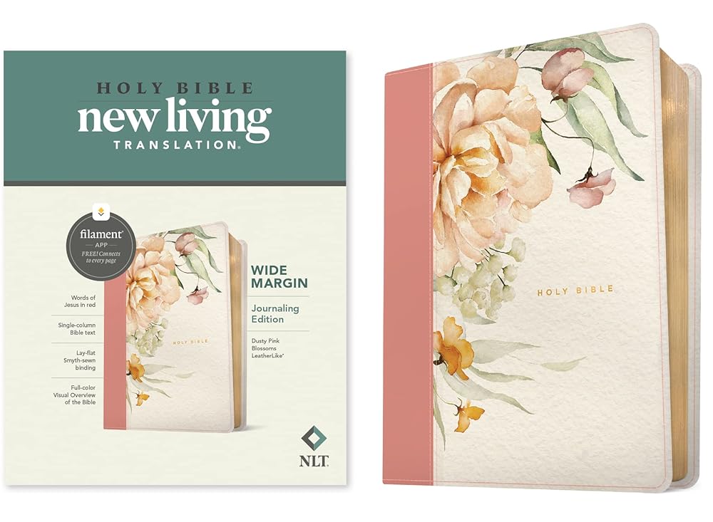 NLT Wide Margin Bible, Filament Enabled (LeatherLike, Dusty Pink Blossoms, Red Letter) cover image