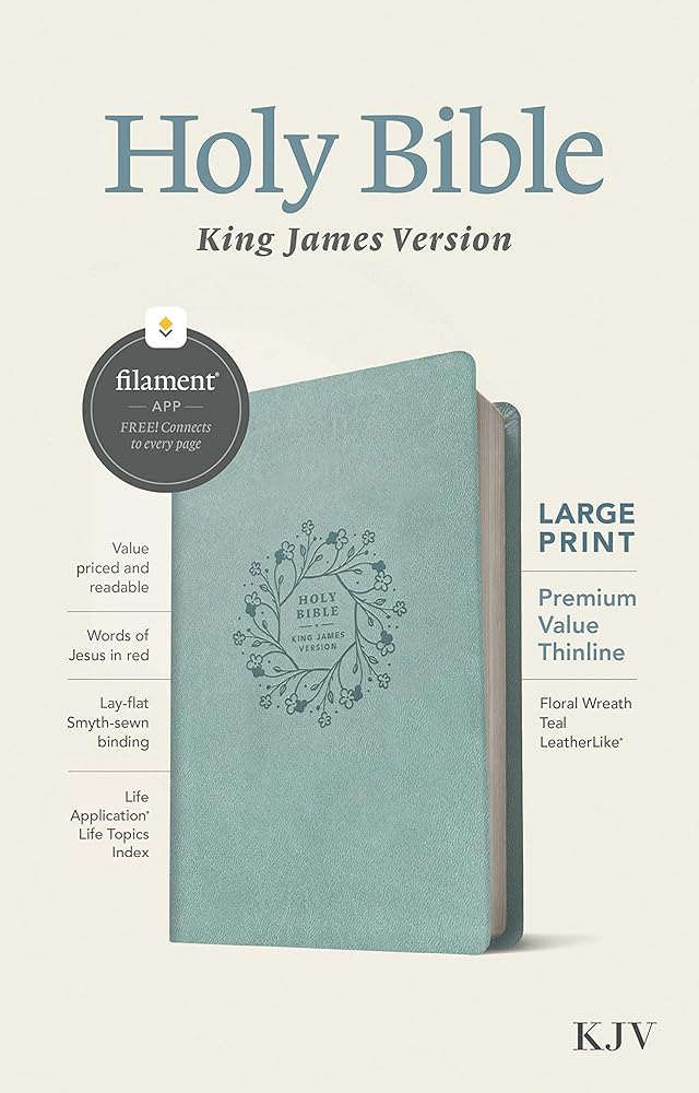 KJV Large Print Premium Value Thinline Bible, Filament Enabled (LeatherLike, Floral Wreath Teal, Red Letter) cover image