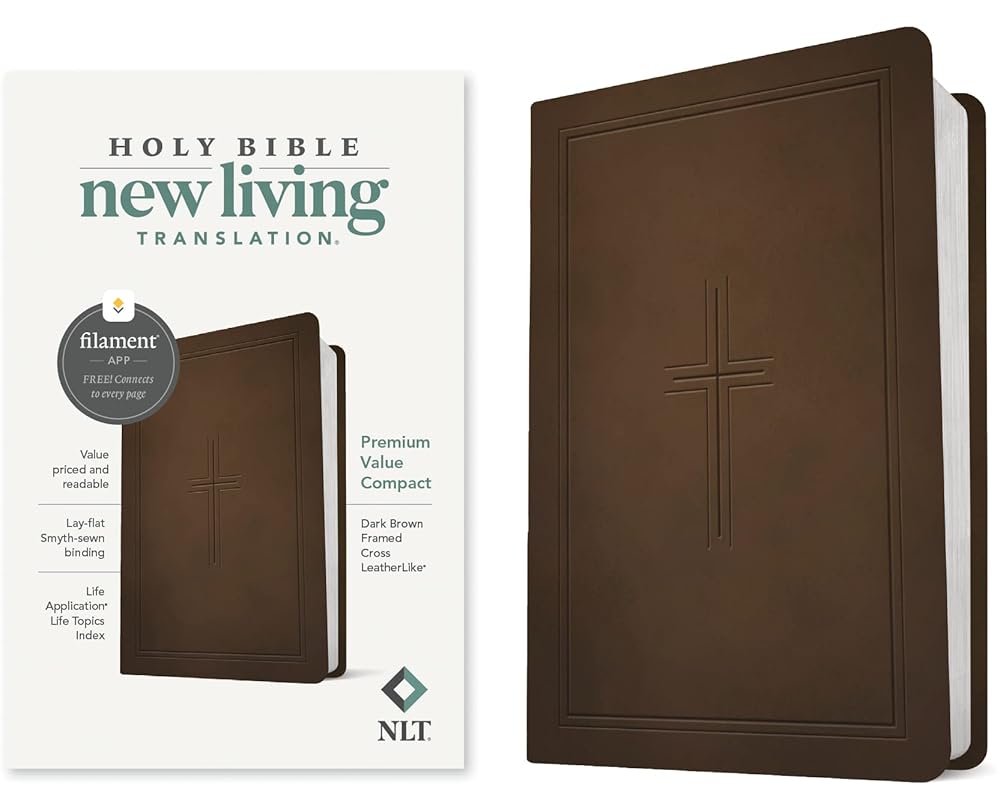 NLT Premium Value Compact Bible, Filament Enabled (LeatherLike, Dark Brown Framed Cross) cover image
