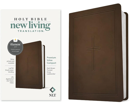 NLT Premium Value Compact Bible, Filament Enabled (LeatherLike, Dark Brown Framed Cross) cover image
